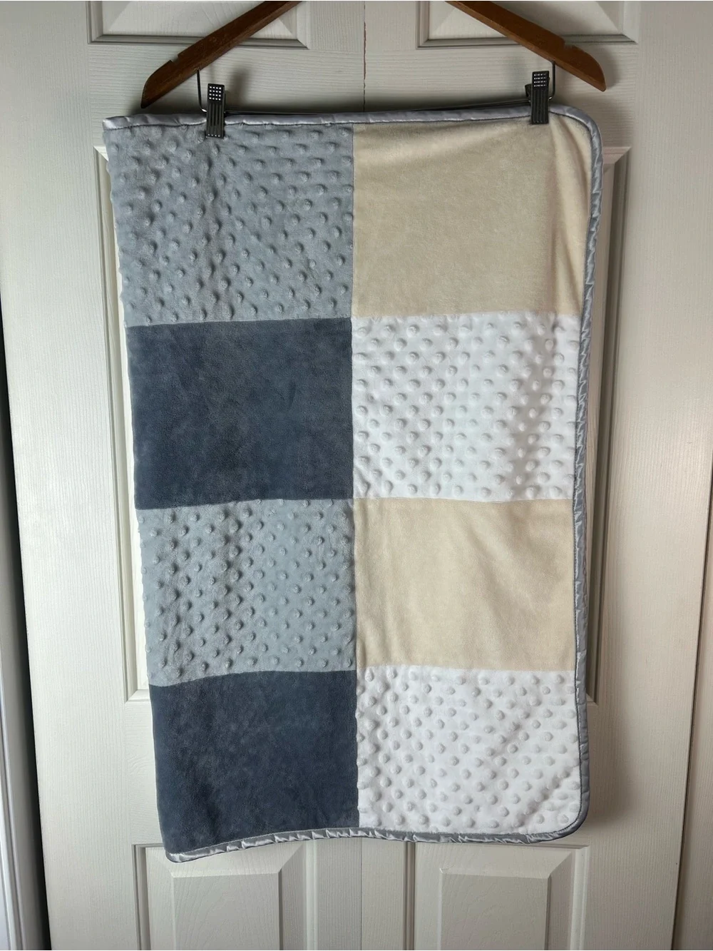 Lullaby Lane Patchwork Squares Baby Blanket Gray White Cream Minky Dot Sherpa